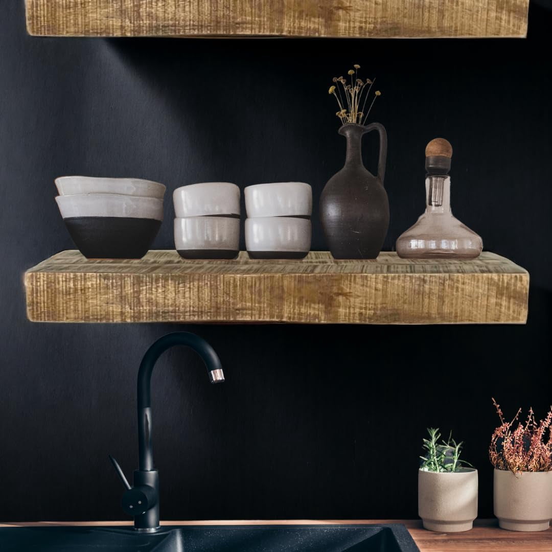 Posh Pollen - Hollow Floating Shelf, Hidden Bracket, Mango Wood, Heavy Duty, Wall Mounted Shelf, 48Wx12D, Light Wash