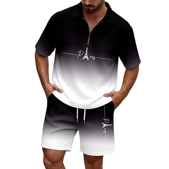 Men Shorts Outfit Gradient Ombre Waffle Knit 2 Piece Set,Zip Polo With Los Angeles Letter Print & Drawstring Black XXL