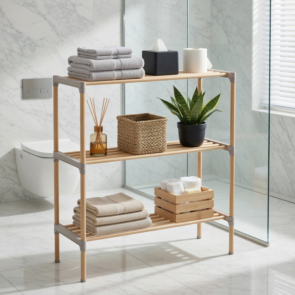 Hommoo 3-Tier Over-the-Toilet Storage Rack, Rustic Pine Wood Bathroom Organizer with Open Shelves, Gray