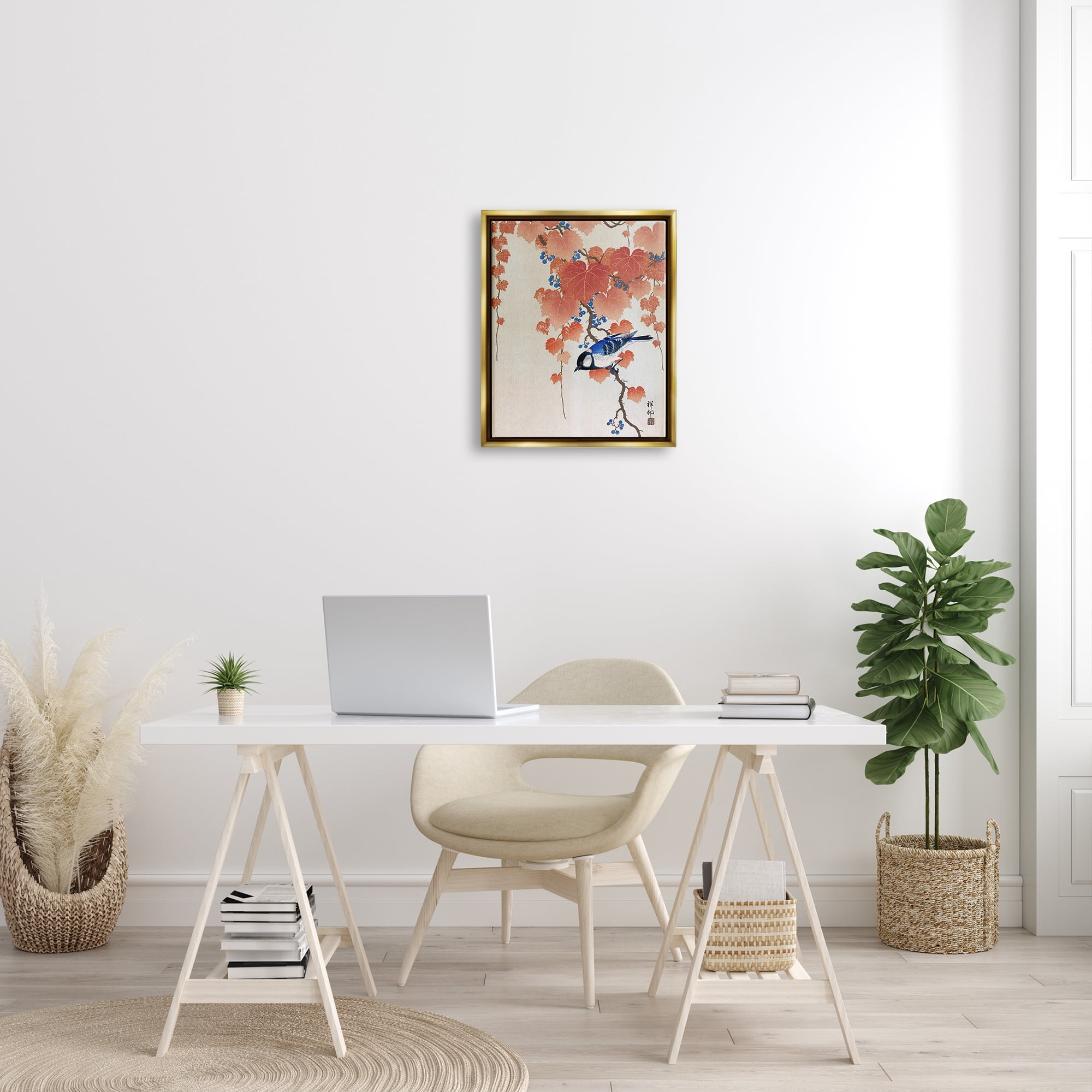 Stupell Industries Koolmees op Paulownia Tak Ohara Koson Classic Bird Painting Painting Metallic Gold Floating Framed Canvas Print Wall Art, Design by one1000paintings