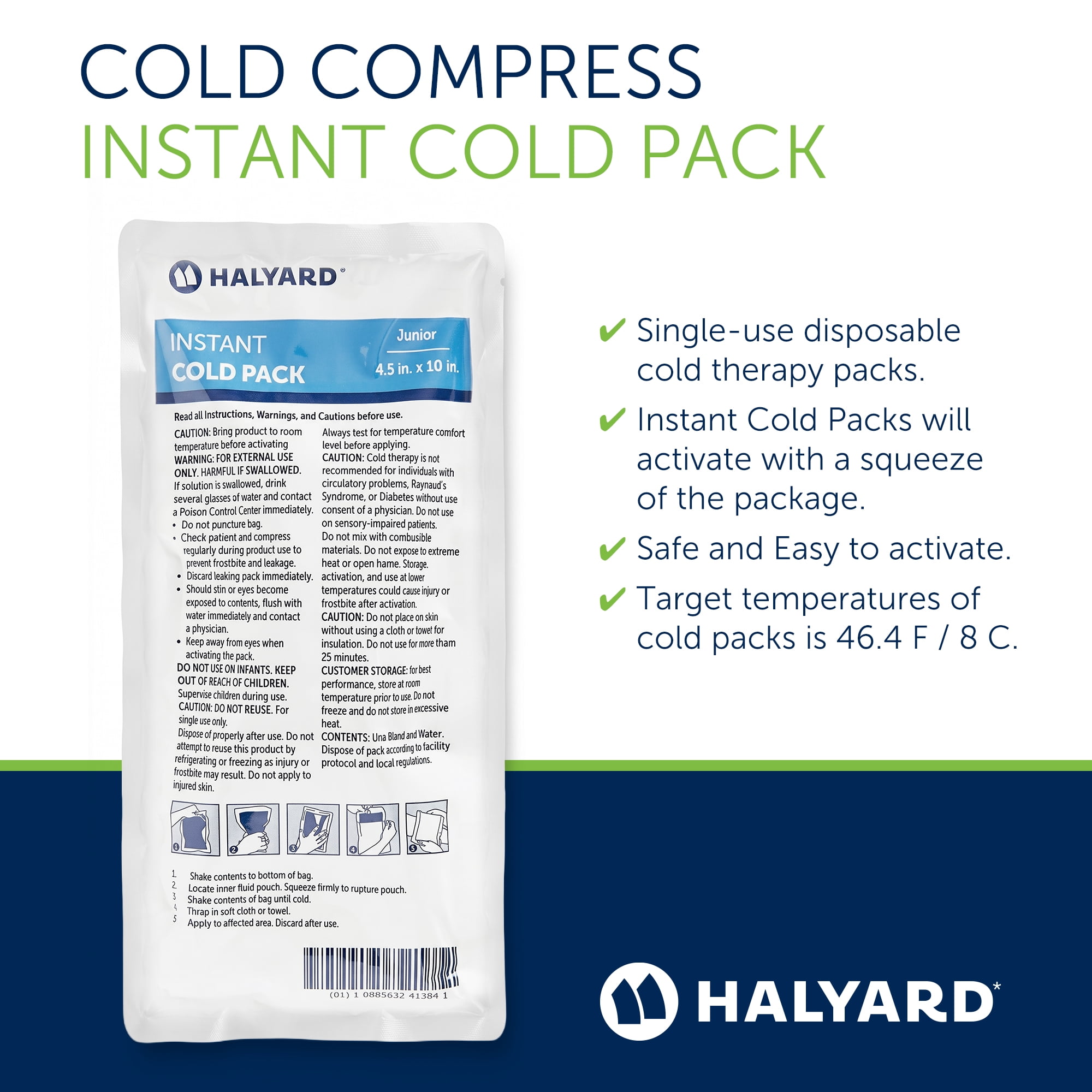 HALYARD Instant Cold Pack Disposable Cold Compress Ice Packs for Swelling Injuries Toothaches Sprains Strains 4.5 x 10 Inches, 24 Packs Per Case - 51785