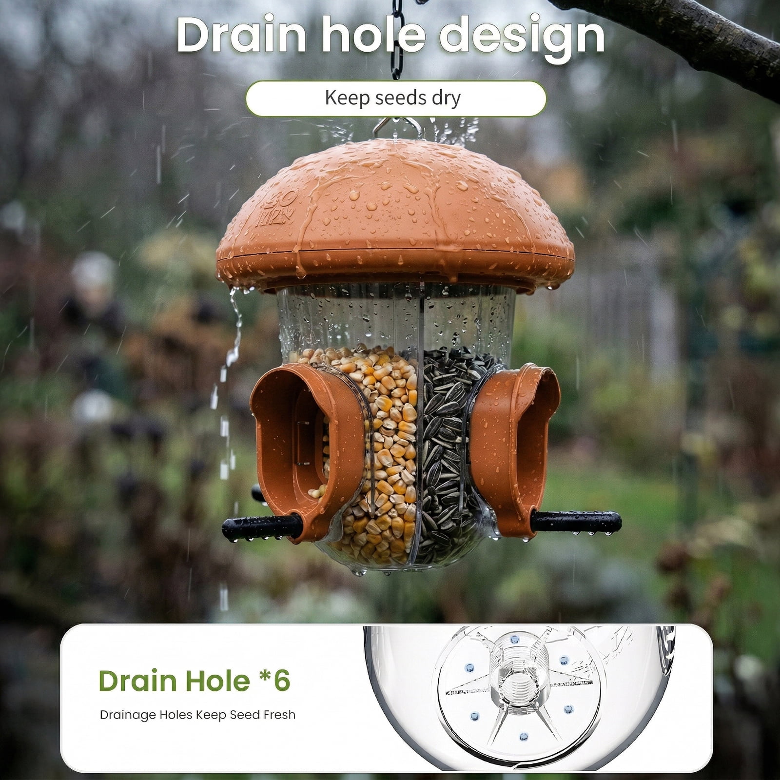 LONA-S610 Outdoor Bird Feeder, 3-Compartment Hanging Feeder with Weatherproof Dome & 3 Ports (Brown)
