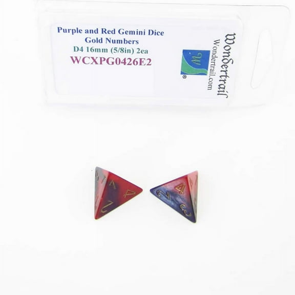 Purple and Red Gemini Dice with Gold Numbers D4 Aprox 16mm (5/8in) Pack of 2 Wondertrail