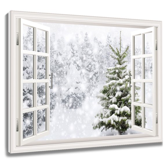 Chirstmas Winter Wall Art Green Pine Tree Forest in White Snow Outside Window Canvas Wall Art Winter Landscape Framed Wall Art for Living Room Bedroom Bathroom Home Decor Ready to Hang,16x12 Inches