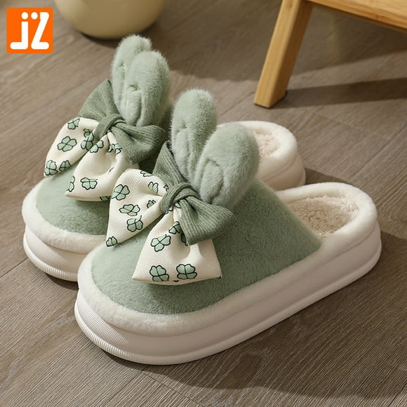 Zapatillas de algodón con lazo para otoño e invierno, zapatos de algodón informales peludos para interiores cálidos para mujer, Zapatillas de felpa de pvc para el hogar