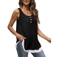 thumbnail image 3 of Blusa de empalme de encaje para mujer, cuello redondo, botón, cómoda, cuello redondo, sin mangas, Top negro XL, 3 of 8