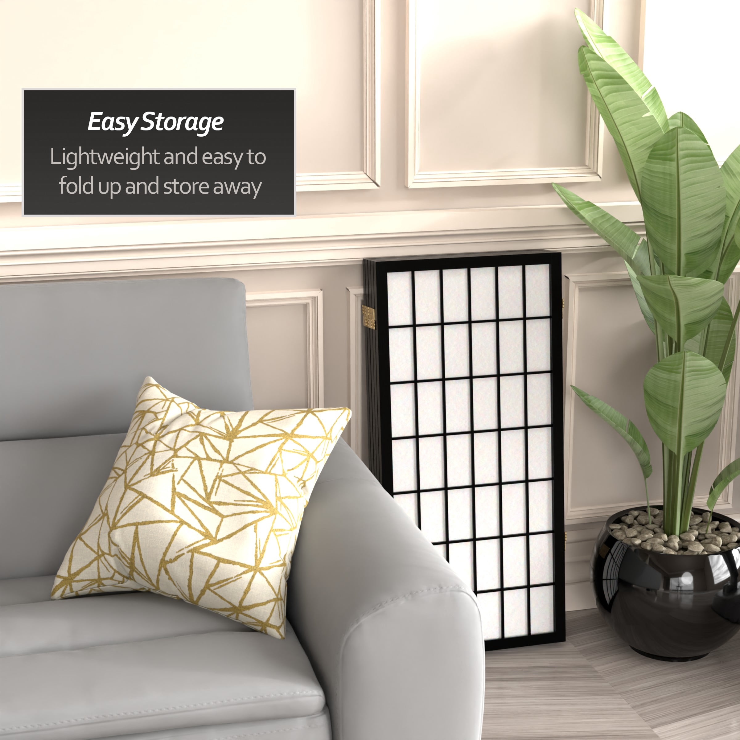 3 ft. Tall Classic Japanese Window Pane Lattice Privacy Screen - Black - 5 Panels