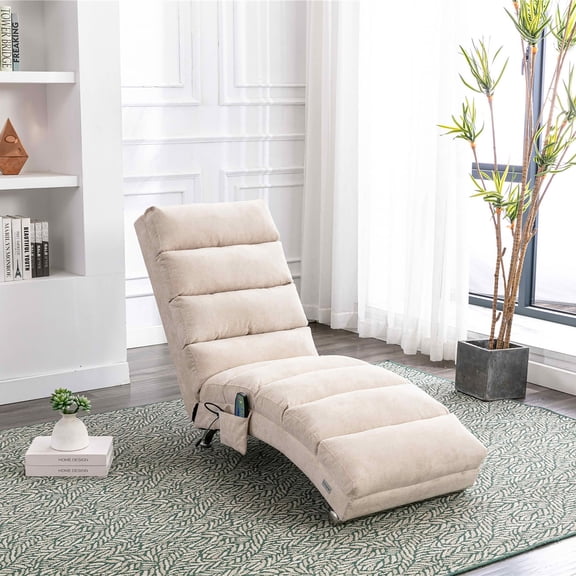 MAYEERTY Vibrating Upholstered Chaise Lounge Chair, Ergonomic Fixed Back Fabric Recliner Sofa with Side Pocket Remote Control for Living Room Bedroom