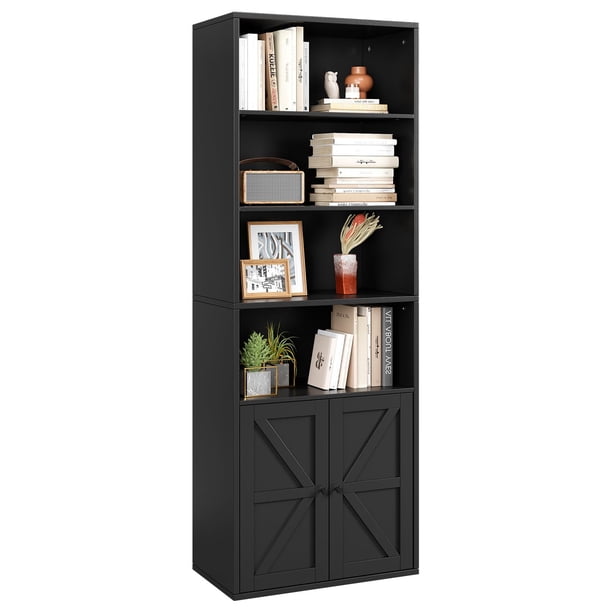 6 niveles freestanding de madera estante para sala de estar, dormitorio, o oficina - estilo rural y industrial style con doors y abiertos estantes (negra)