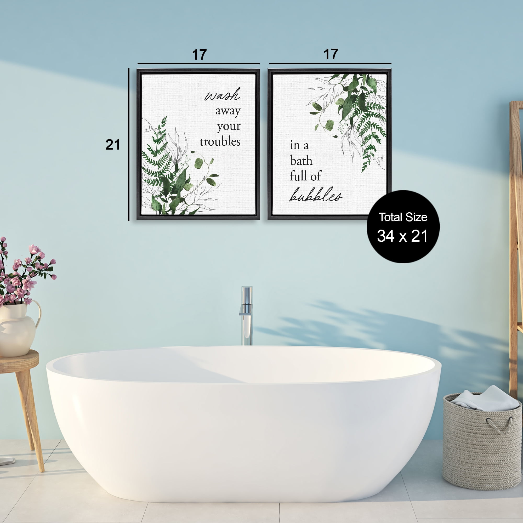 Bubble Bath with Forest Foliage 2 Piece Black Framed Floater Canvas Set, design by Lettered and Lined