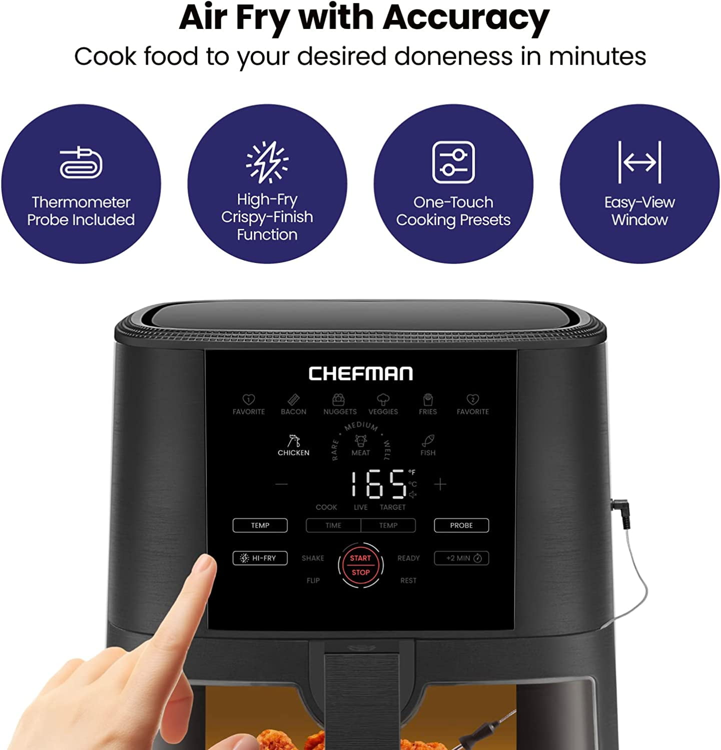 Chefman Air Fryer w/ Digital Touch Display, 5 Qt. Capacity, Windowed Basket - Black, New