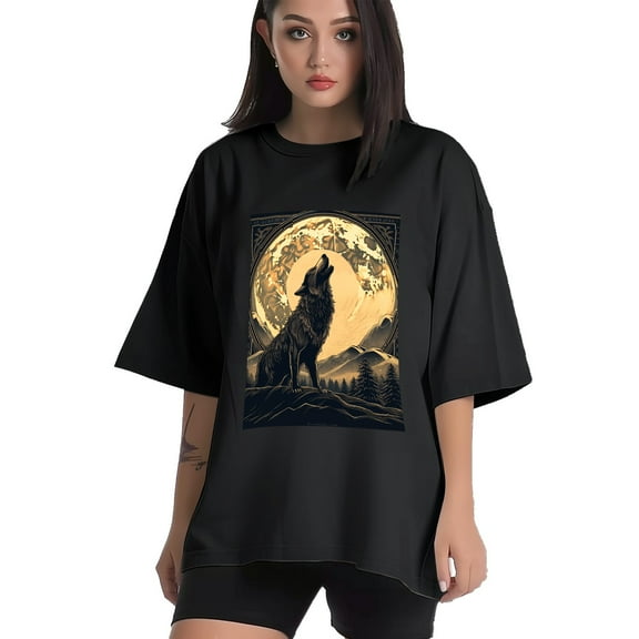 Plus Size Shirt for Women Black Tops for Women Short Sleeves Shirt for Women Wolf T Shirt Crewneck Shirt for Women XS