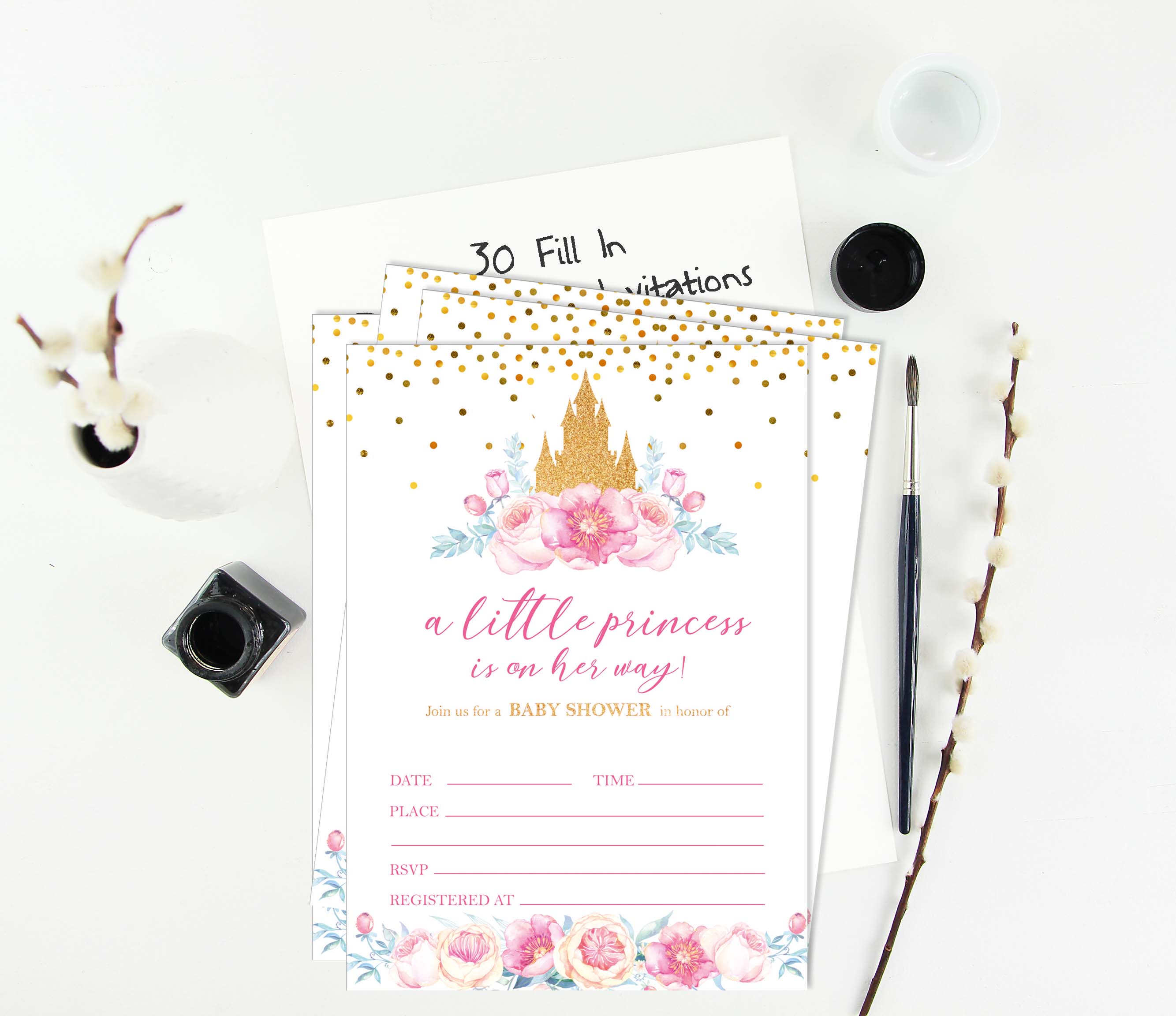 Inkdotpot 30 Fill In StyleBaby Shower Invitation Cards Gender Reveal Princess Blank Invites