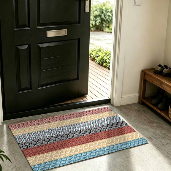 Front Door Mat,Welcome Mats Bohemian Stripe Colorful Abstract Geometric Low Pile Doormat Non-Slip Entrance Rug Tribal Ethnic Style Indoor Outdoor Floor Mats for Entryway Bathroom Kitchen,16x24in
