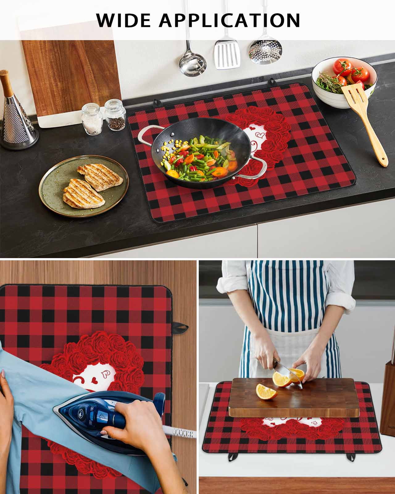 Large Induction Cooktop Protector Mat Valentine's Day Stove Top Covers for Electric Stove, Love Heart Romantic Red Black Plaid Decorative Stove Burner Cover Mats, Glass Top Stove Cover