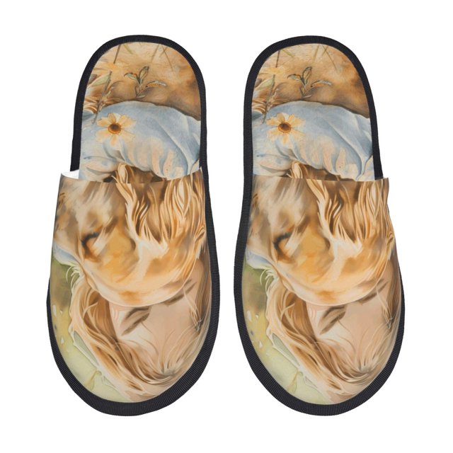 Balery Girl Hugging Dog Flowers Pantuflas de Casa de Felpa Silenciosas con Diseño Estampado, Zapatillas Cómodas Antideslizantes de Algodón para Interior-Medium
