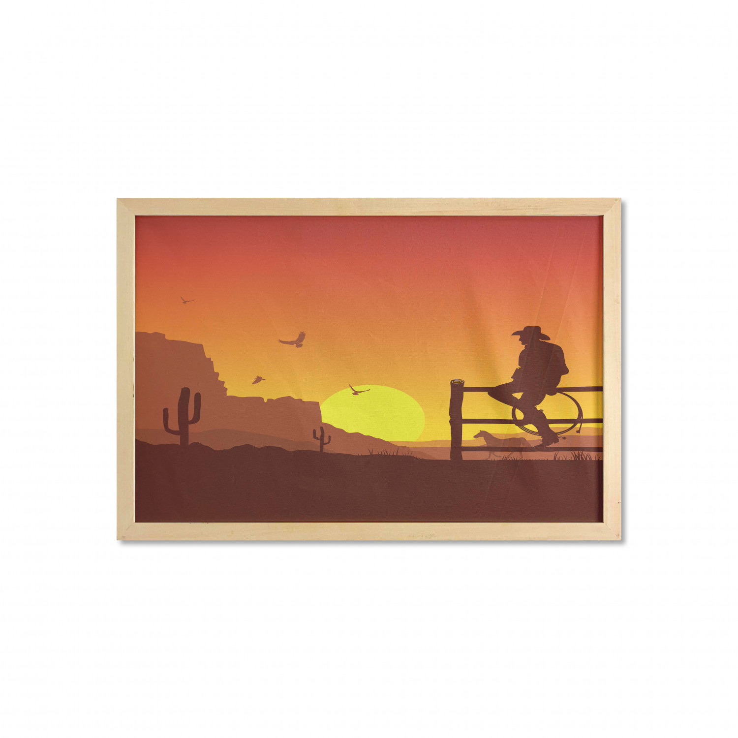 Western Wall Art with Frame, Silhouette of Cowboy in Wild West Sunset ...