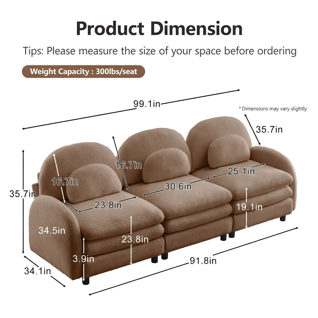 Hommoo Teddy Fleece Modular 3-Seat Sofa, Cloud-Soft Curved Backrest, Double-Layer Cushioning & Lumbar Support, Living Room Couch, Camel