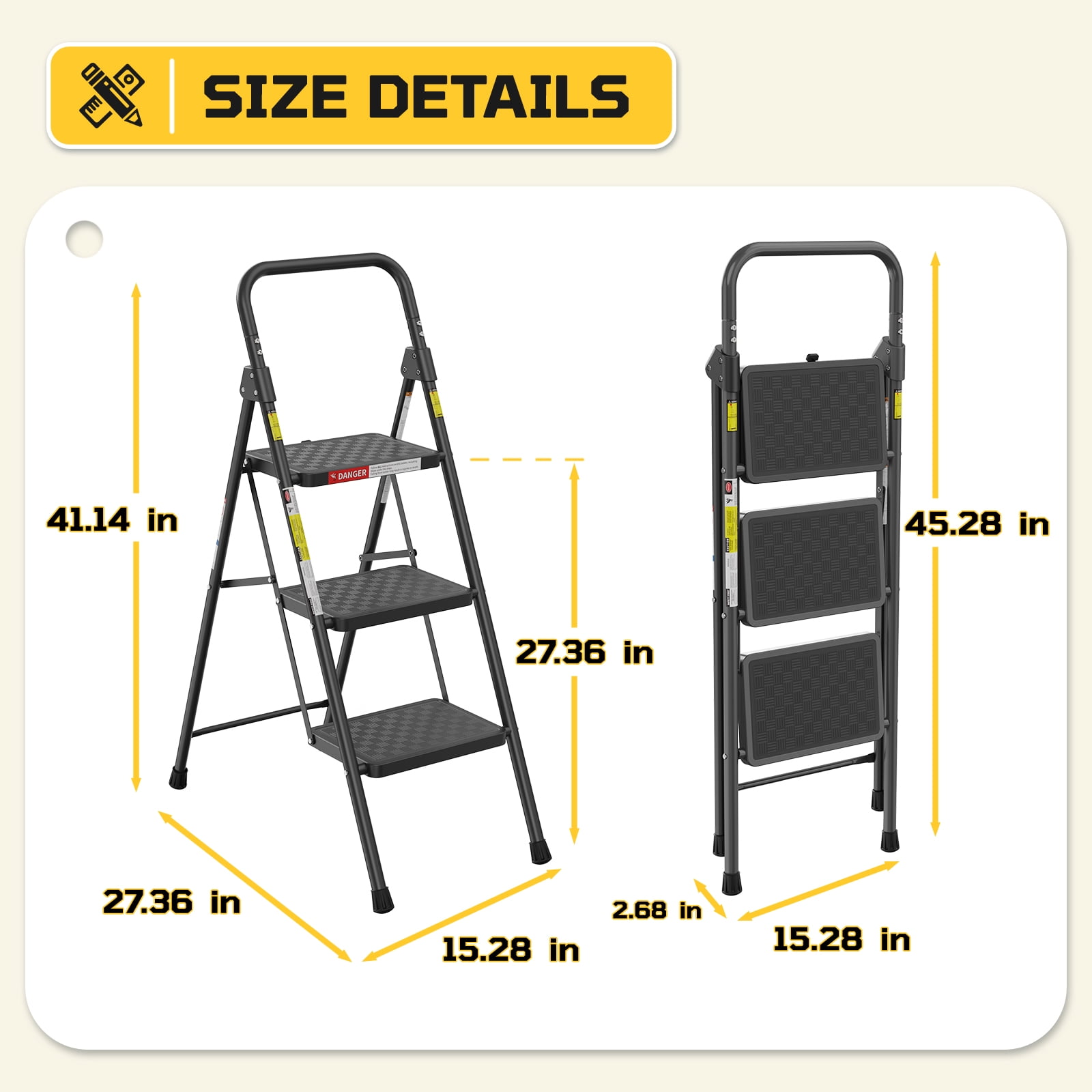 ASoopher 3 Step Ladder with Anti-Slip Pedal, Sturdy Steel Step Stool for Kitchen, Black