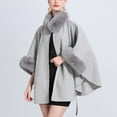 thumbnail image 2 of XFLWAM Women's Faux Fur Shawl Wrap Poncho Cape Wool Collar Batwing Sleeve Open Front Cardigan Warm Cape Sweater Cloak with Belt Gray Free Size, 2 of 5