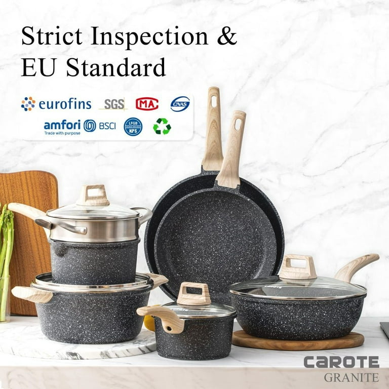 Carote Nonstick Pots and Pans Set, 10 Pcs Granite Stone Kitchen Cookware  Sets (Black)