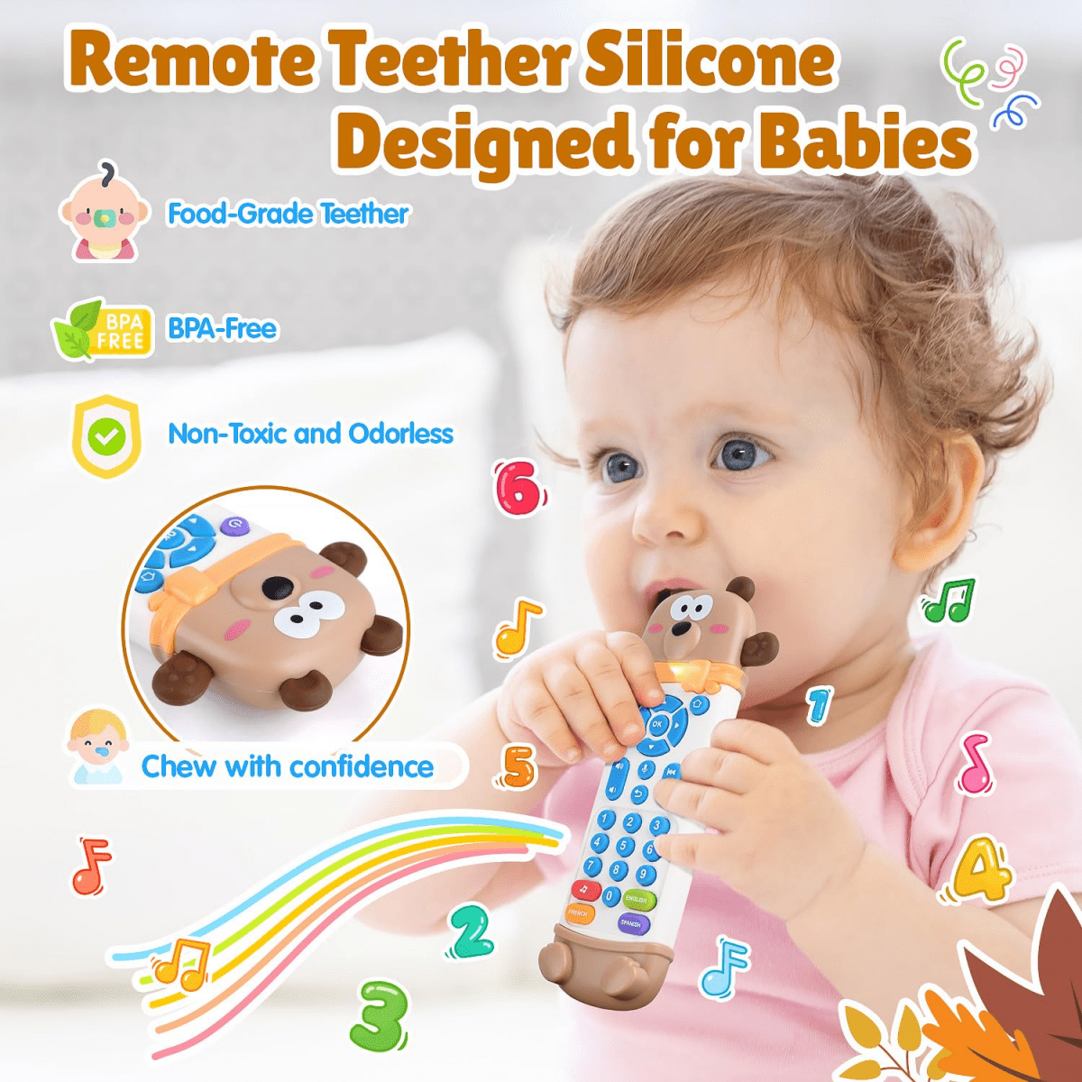 Baby Remote Control Toy with Silicone Teether, Remote Teether for Baby with Realistic Lights and Sounds - 3 Languages (English, Spanish & French), Baby Musical Toys Gifts for Boys Girls 6 Month+