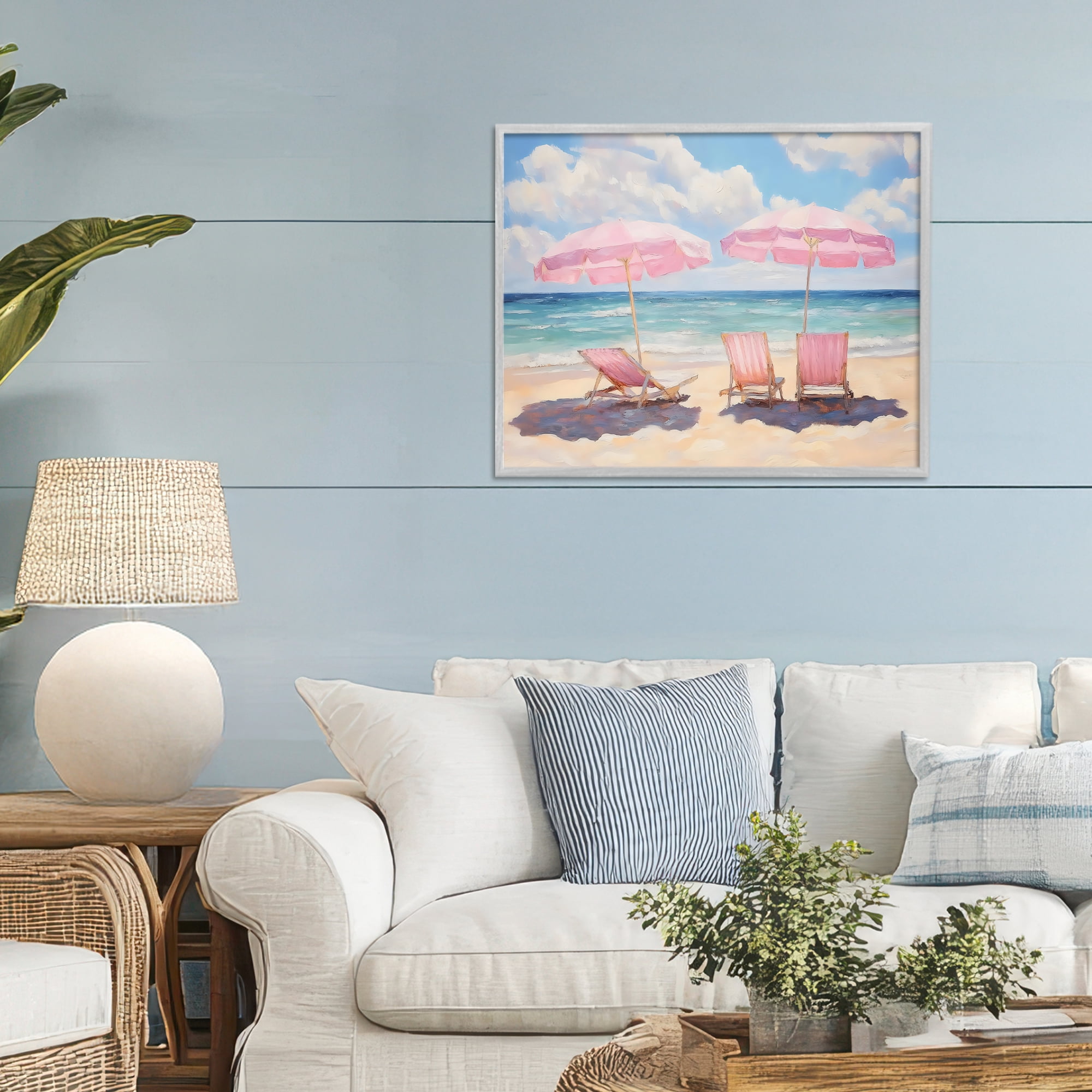 Stupell Industries Pink Summer Chairs by the Sea Gray Framed Giclee Art, design by LSR Design Studio