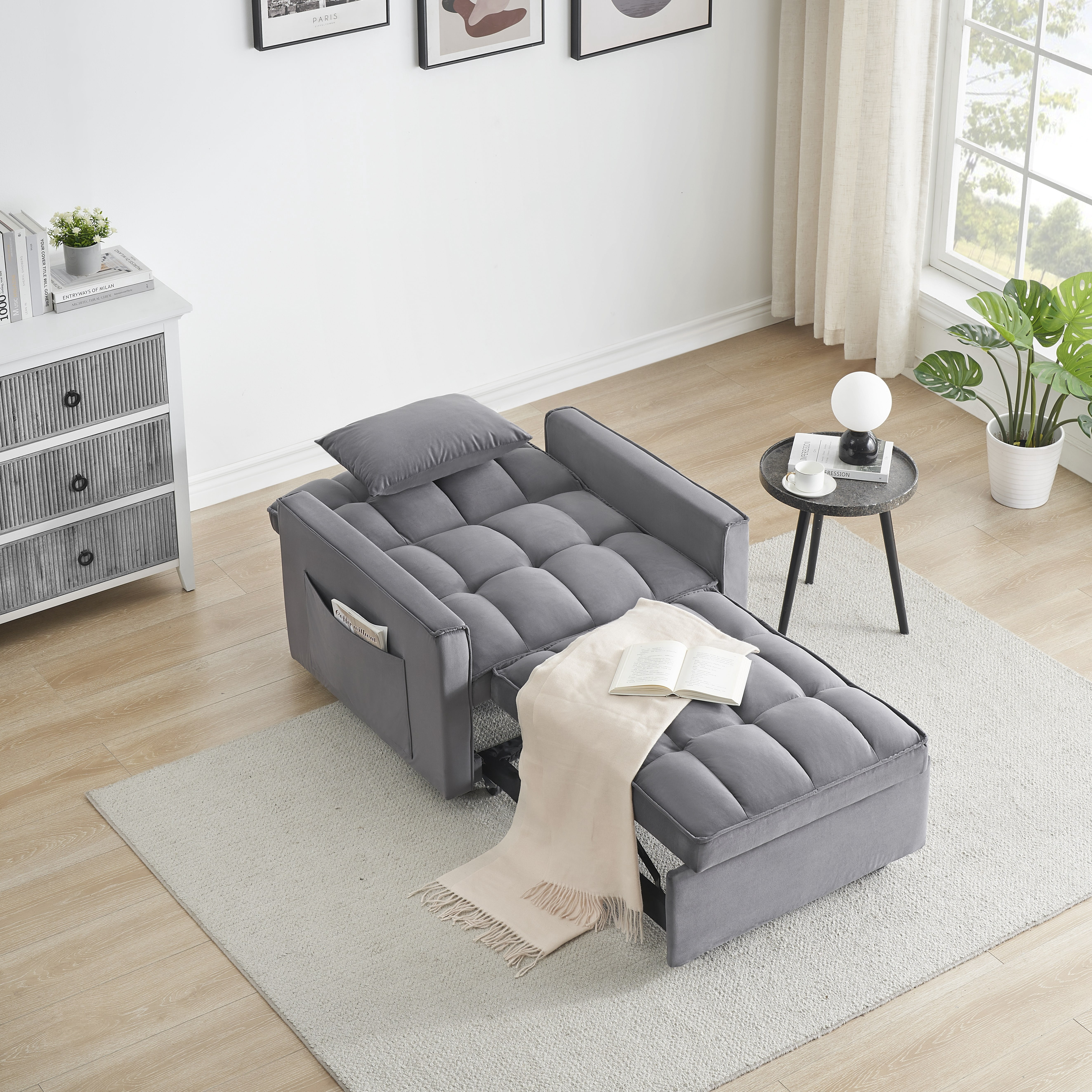avobird 3 in 1 Convertible Chair Bed Sleeper, Pull Out Sofa Bed With adjustable back/USB port/ashtray/swivel phone stand, Gray