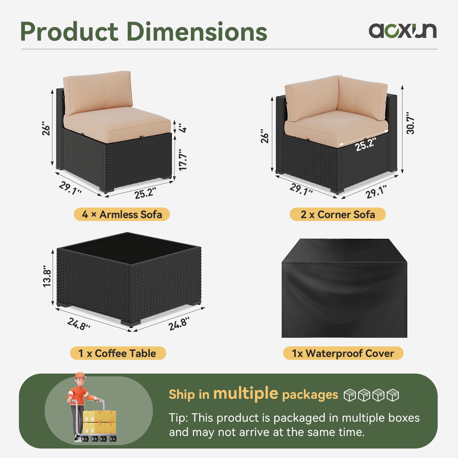 Aoxun 7 Piece Patio Furniture Set Wicker Rattan Patio Sectional Sofa Set Outdoor Seating Furniture with Thickened Cushion, Beige