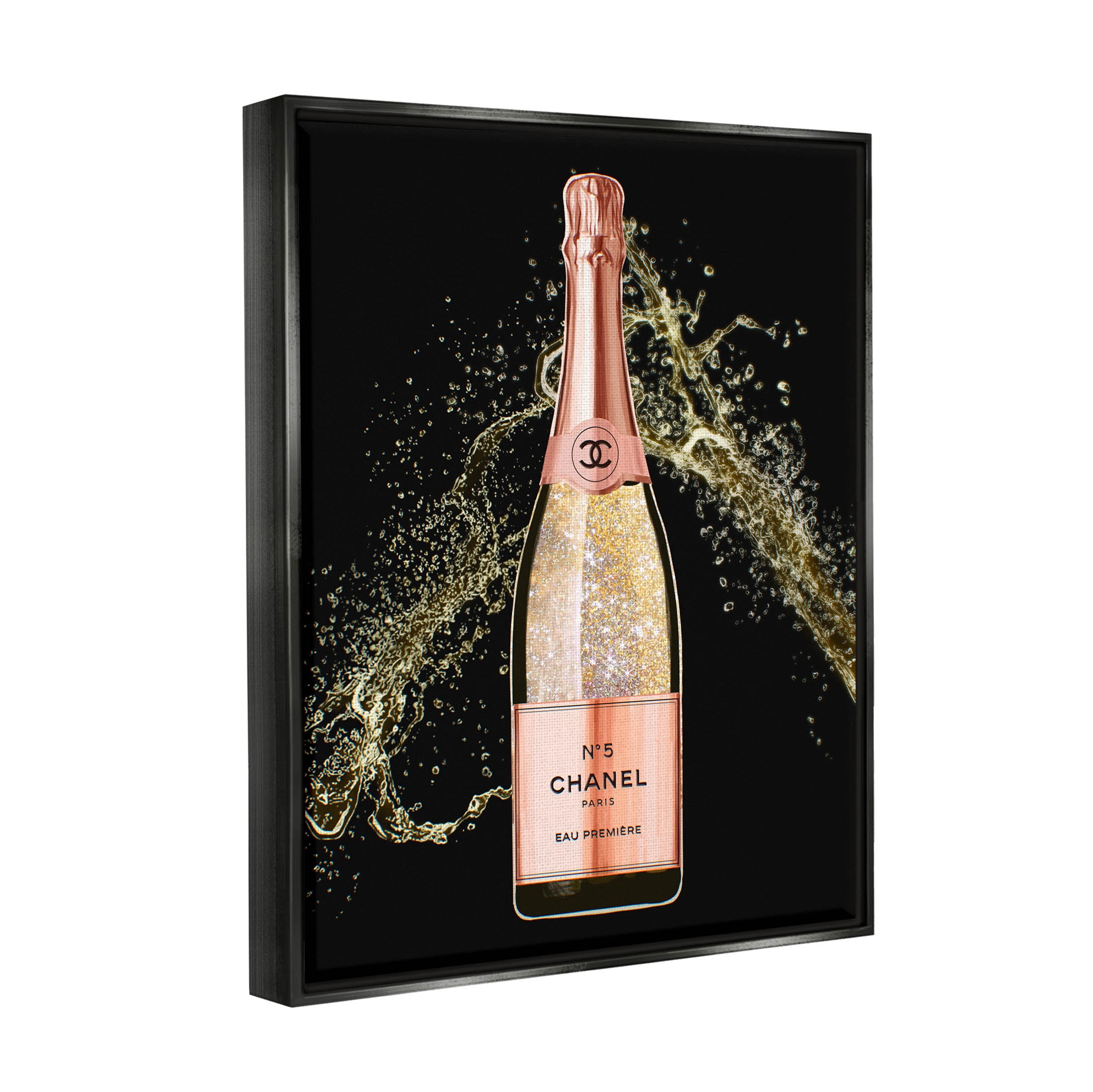 Stupell Industries Glam Fashion Champagne Bottle Splash Graphic Art Jet Black Floating Framed Canvas Print Wall Art, Design by Ziwei Li