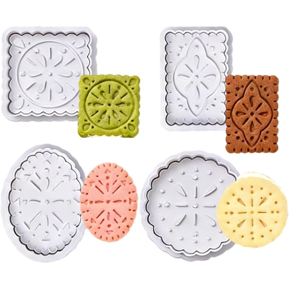 Cookie Stamps for Baking, 4-Piece Cookie Press Set with Plunger, 3D Embossed Butter Cookie Cutter & Stamp Set, Fun Baking Tool for DIY Cookies, Pastry, Treats, Essential Kitchen Gadget(RL 4 PCS)