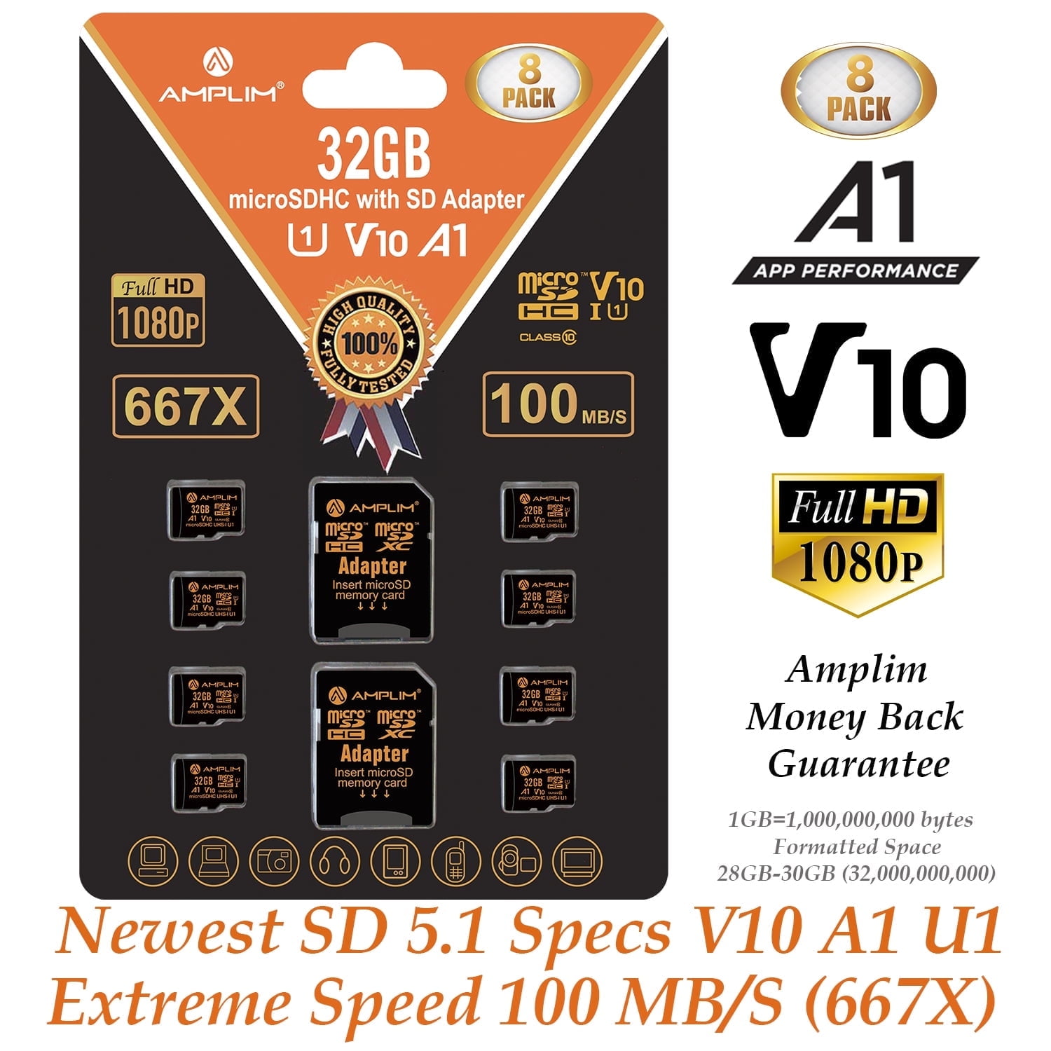 Amplim 32GB Micro SD Card, 8 Pack MicroSD Memory Plus Adapter, Extreme High Speed MicroSDHC Class 10 UHS-I U1 V10 TF, GoPro Hero, Raspberry Pi, Phone Galaxy, Camera Cam, Tablet, PC
