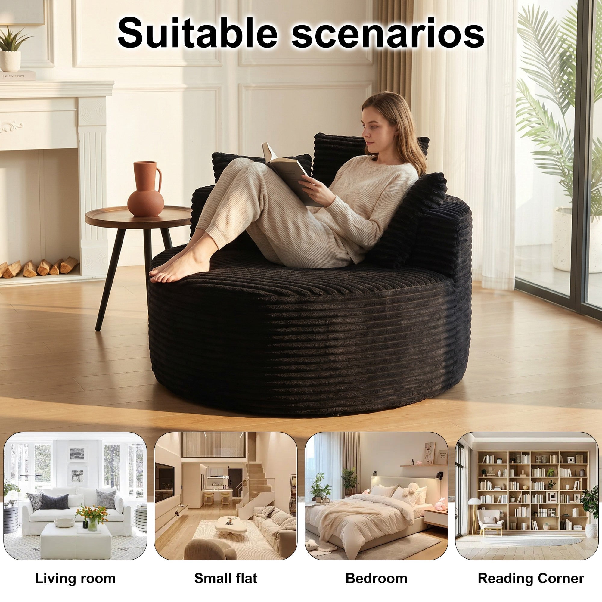 Sailvan 43" Round Corduroy Single Sofa Lounge Chair with 3 Pillows, Modern Minimalist Accent Chair for Bedroom, Living Room & Game Room Black