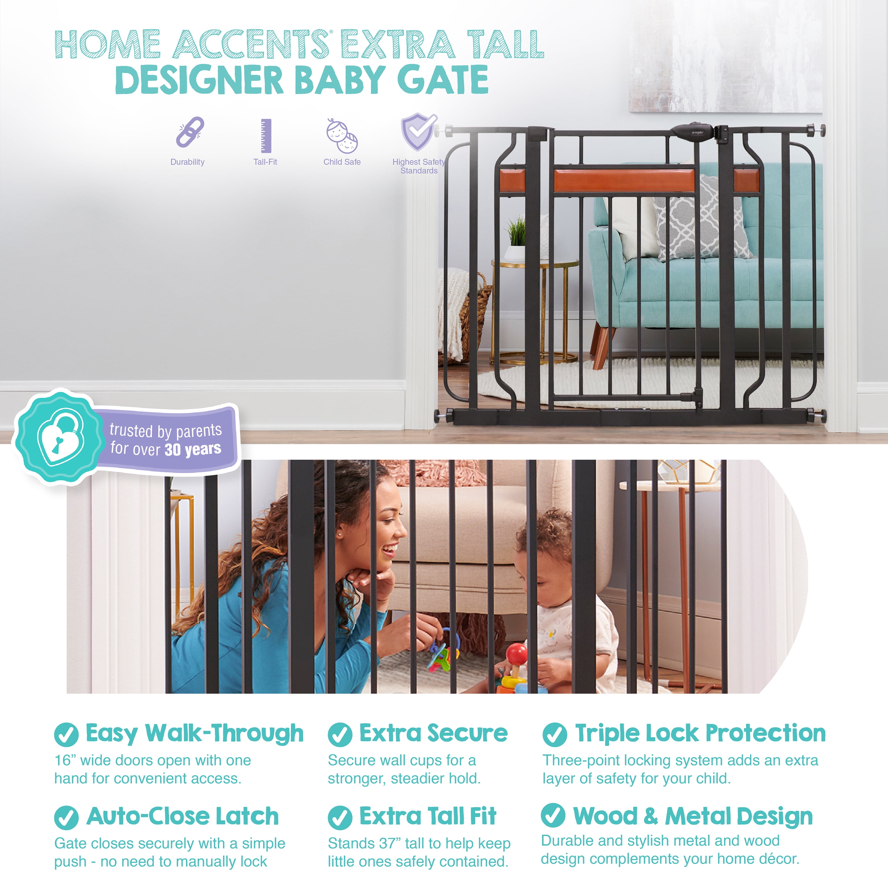 Regalo Home Accents Extra Tall Walk Thru Baby Safety Gate 37 inch New Zealand Pine