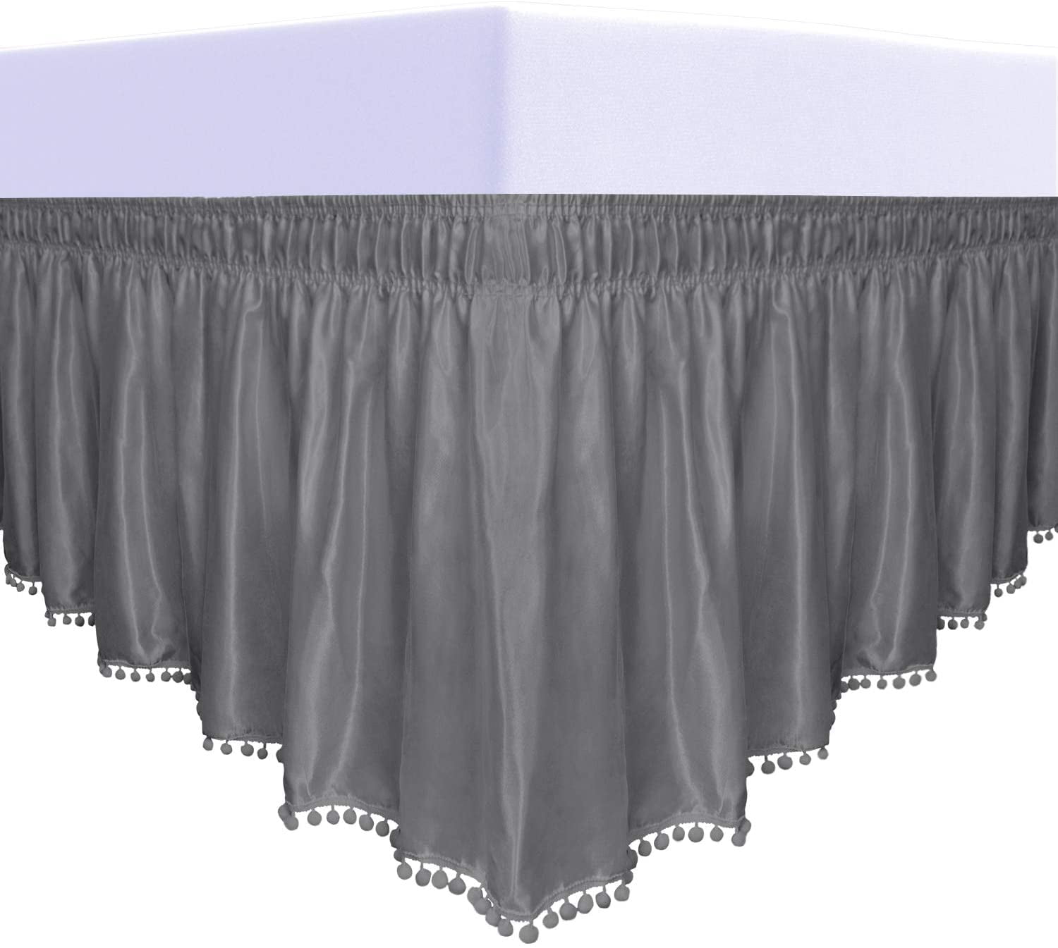 EasyGoing Satin Silk Pom Pom Ruffled Wrap Around Bed Skirt 16 Inch