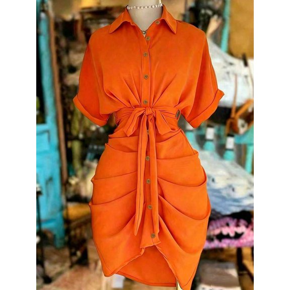 Burnt Orange Collared Single-Breasted Tie-Waist Short Sleeve Shirt Dress