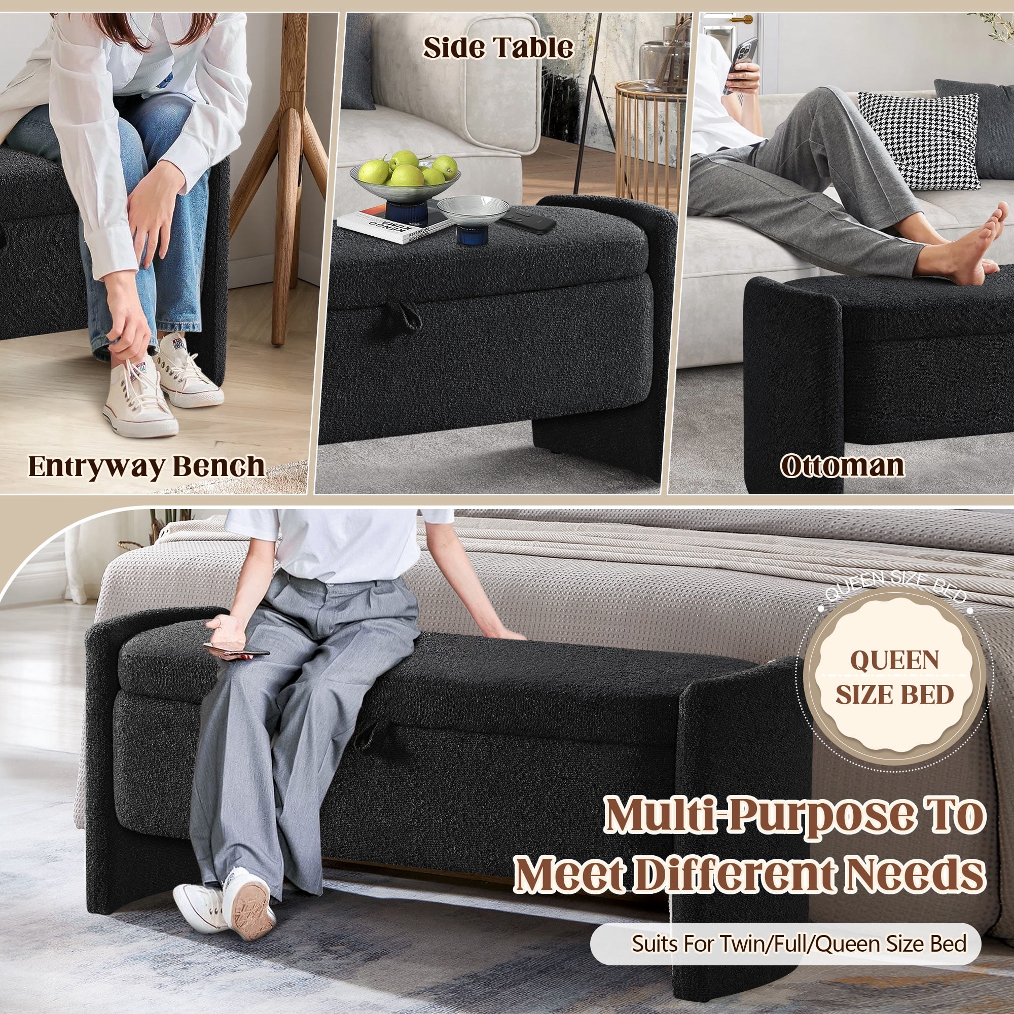Lunale 41.73" End of Bed Storage Bench, Teddy Upholstered Storage Ottoman Benches for Bedroom, Black