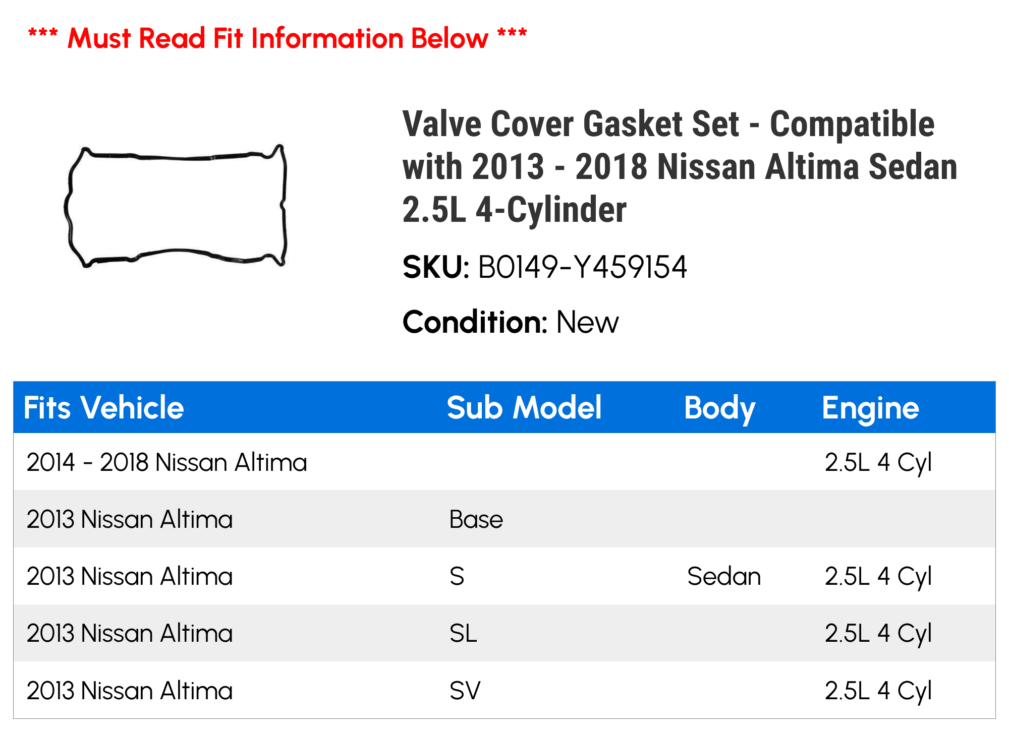 Valve Cover Gasket Set - Compatible with 2013 - 2018 Nissan Altima Sedan 2.5L 4-Cylinder - Fel-Pro