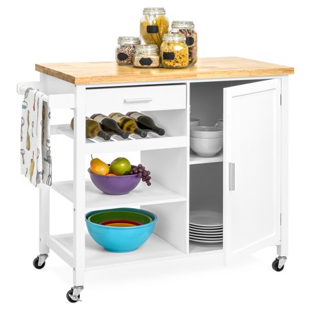 Best Choice Products Portable Kitchen Island Cocktail Cart for Serving, Storage, Decor with Wood Top, Wine Shelf, Cabinet, Drawer, Towel Rack, (Best Stock Kitchen Cabinets)