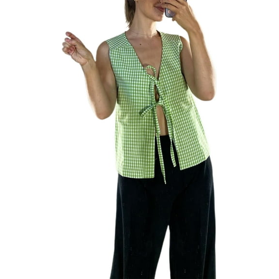Michellecmm Women Plaid Tank Tops Front Tie-Up V-Neck Casual Vests Streetwear
