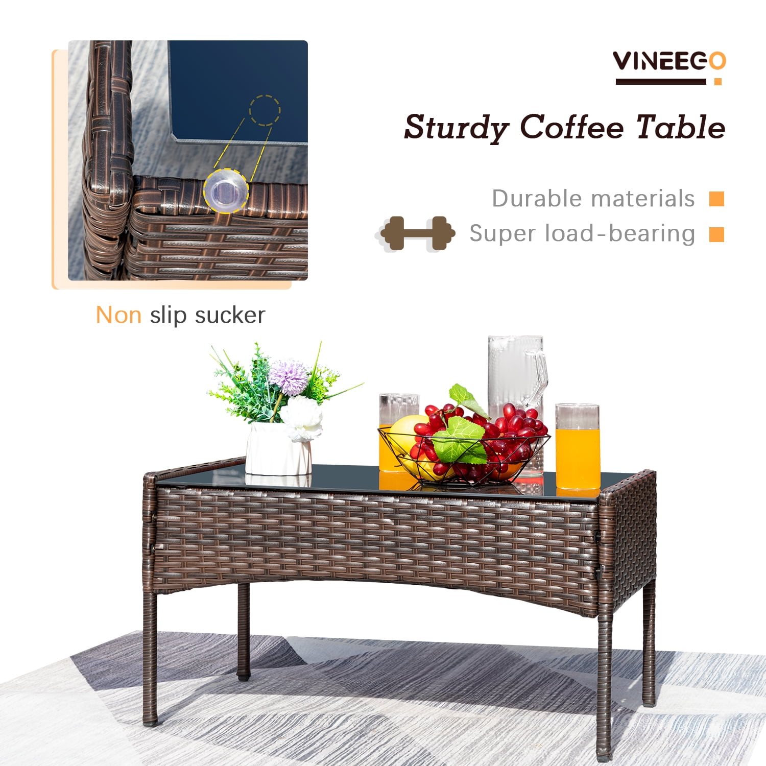 Vineego 4 Pieces Outdoor Patio Furniture Sets Conversation Sets Rattan Chair Wicker Sets with Cushioned Tempered Glass