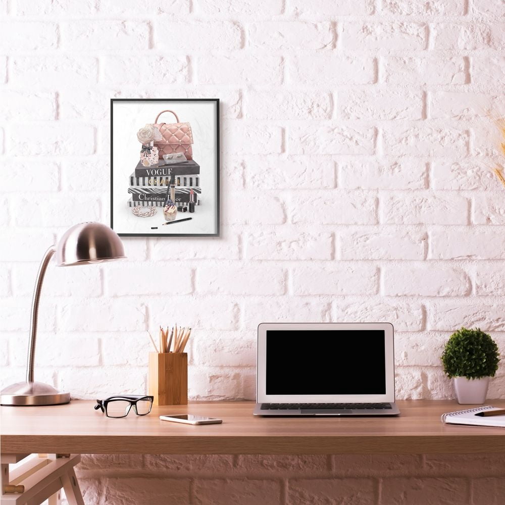 Stupell Industries Fashion Bookstack Purse Perfume Pink Glam Design Graphic Art Black Framed Art Print Wall Art, 16x20, by Ziwei Li