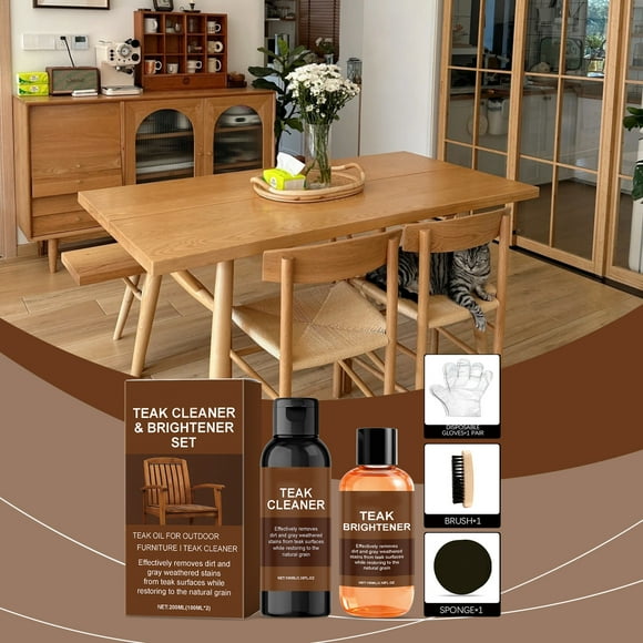 Set de limpiador y aclarador de teca 100ml | Kit de limpieza y pulido de muebles de madera | Elimina manchas y suciedad, restaura el brillo | para todos los acabados de madera, mesas, armarios