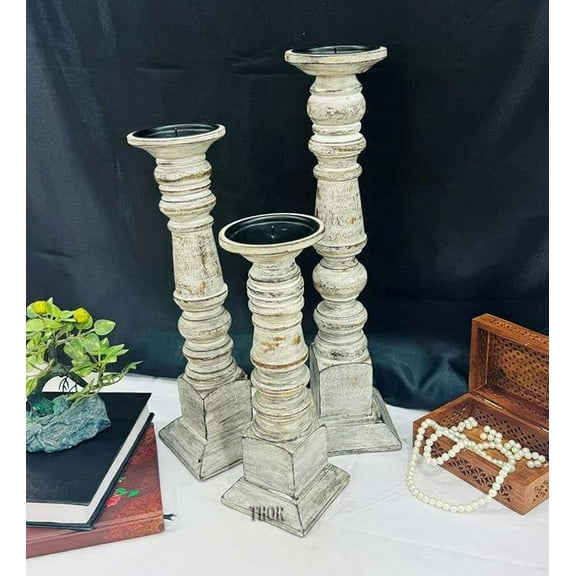 Designs Pillar Candle Holder for Pillar Candles, Small Wooden Candlestick Holders, Farmhouse Candle Holders for Table Centerpiece, Rustic Candle Holder Set of 3, (18", 15", 12"), White Rustic