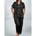 thumbnail image 6 of OYOANGLE Women's Plus Size Short Sleeve Silky Button Down Tops and Pants Sleepwear Satin Pajama Set Black 1XL, 6 of 6