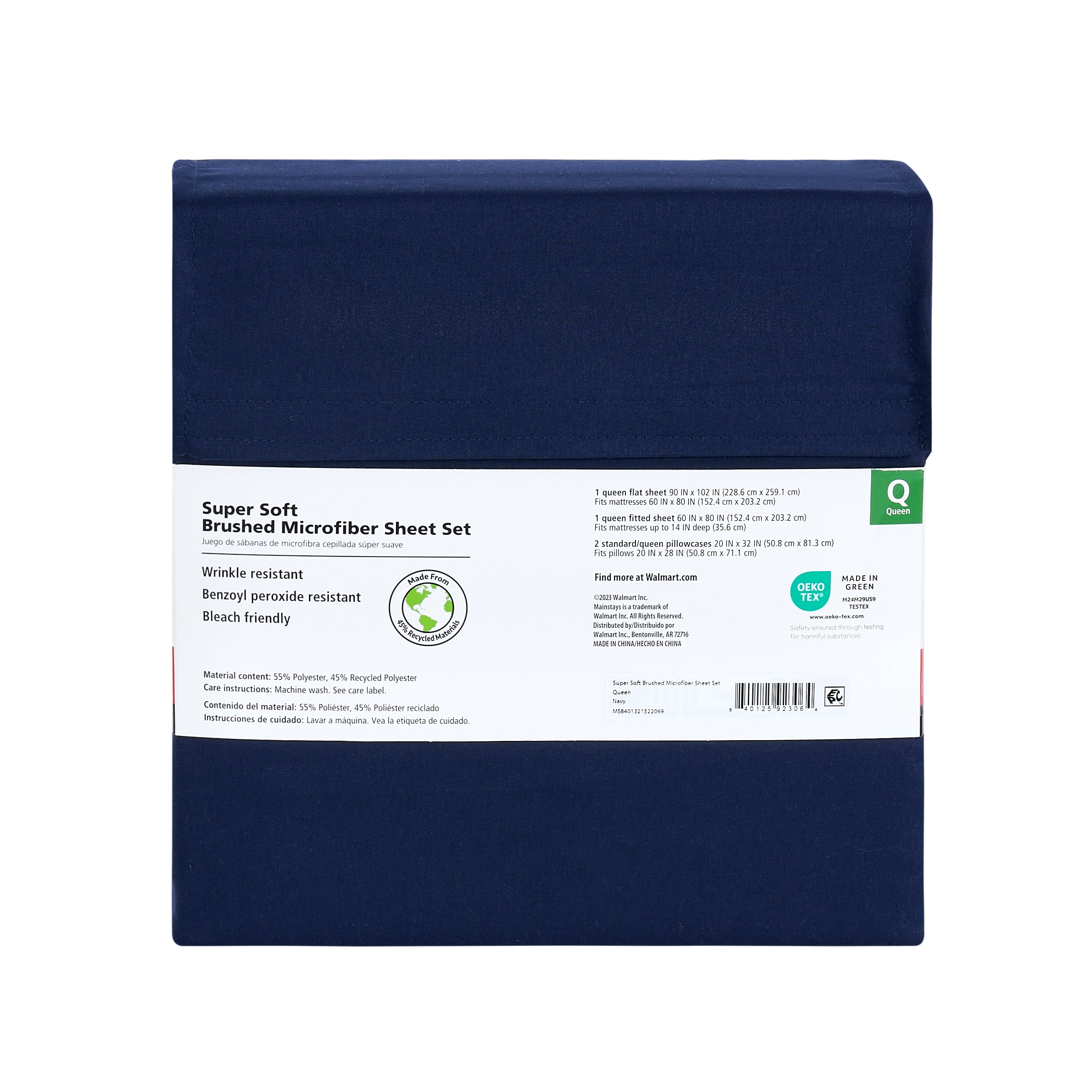 Mainstays Super Soft Brushed Microfiber Bed Sheet Set, King, Navy Blue, 4 Piece