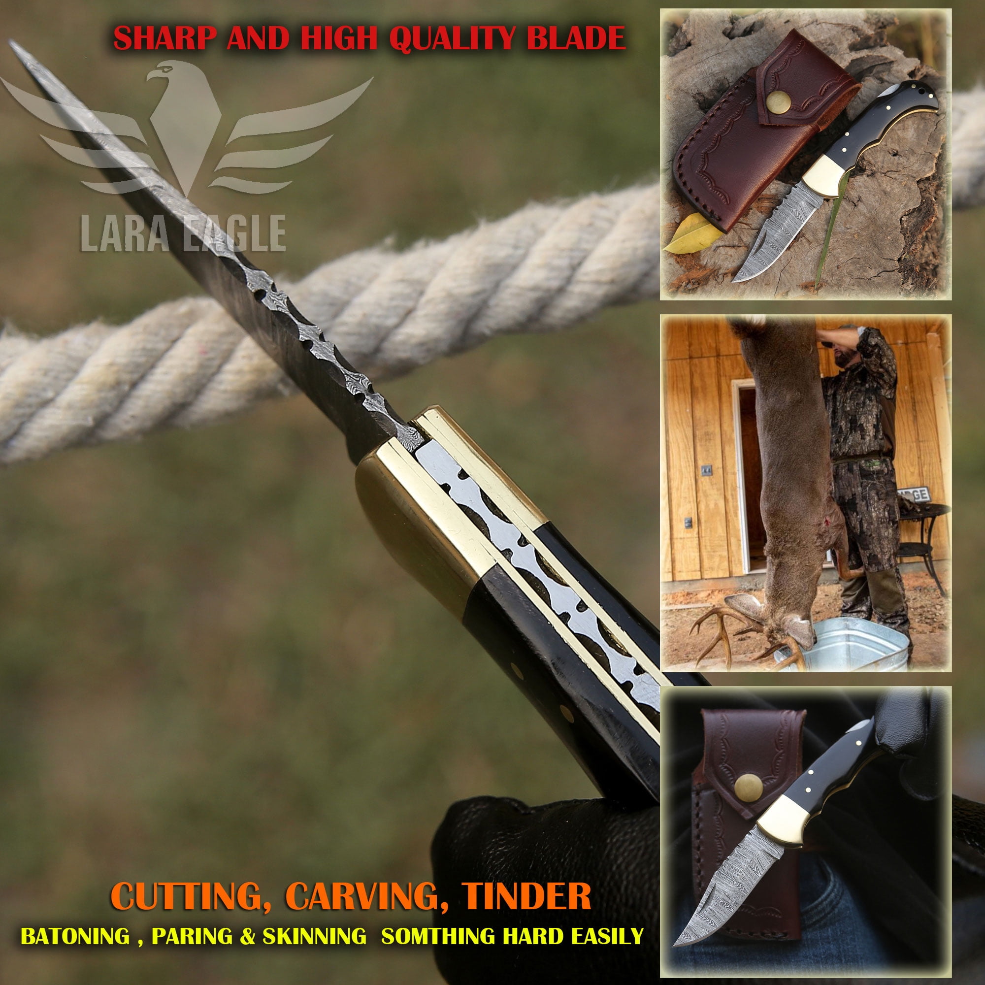 Lara Eagle Damascus Pocket Knife for Men - 3 inch Blade, 133 Layer Solid Steel Handmade Black Folding Knife with Sharpener and Leather Pouch - for Camping, Hunting, Hiking.