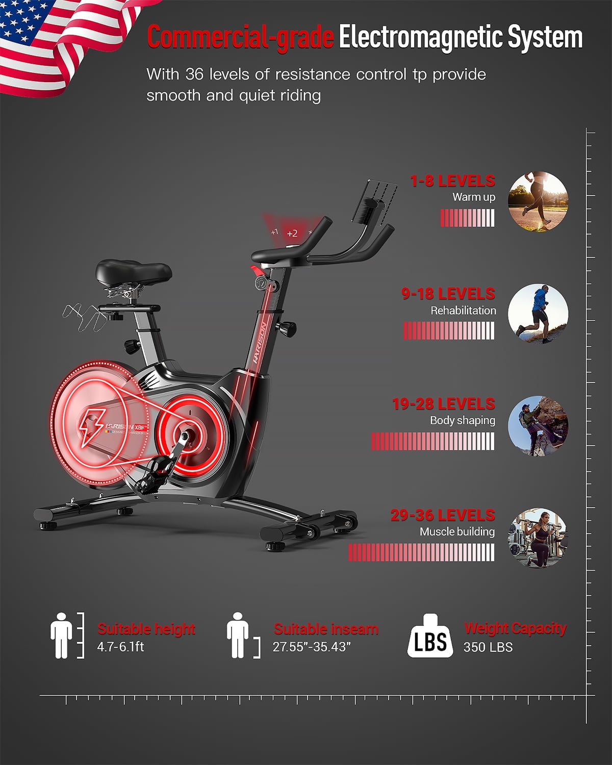 HARISON Semi-Commercial Exercise Bike with 36 Levels Resistance,  Workout Bike with 400 lb Capacity, Stationary bike with 2 in 1 LED Display for Resistance Control and Bluetooth