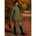thumbnail image 5 of Women Cable Knit Sweater Dress Crewneck Long Sleeve Pleated Mini Dress Twofer Style Patchwork Dress Green S, 5 of 7