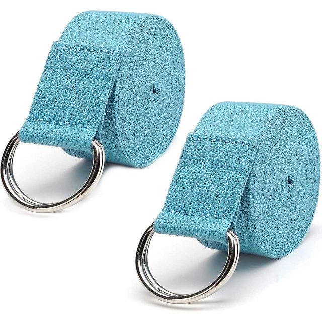 Paquete de 2 correas de yoga azules (6 pies), banda elástica con hebilla de anillo en D de metal ajustable, estiramiento para ejercicios y fitness para yoga, pilates, fisioterapia